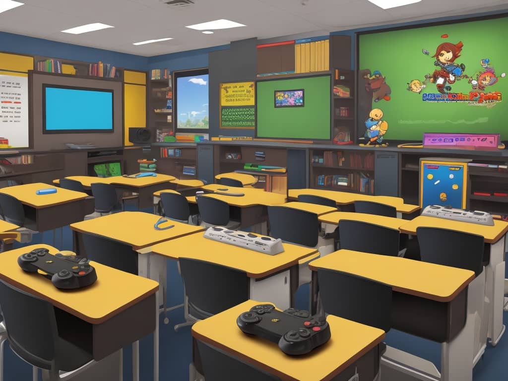 classroom with consoles and videogames